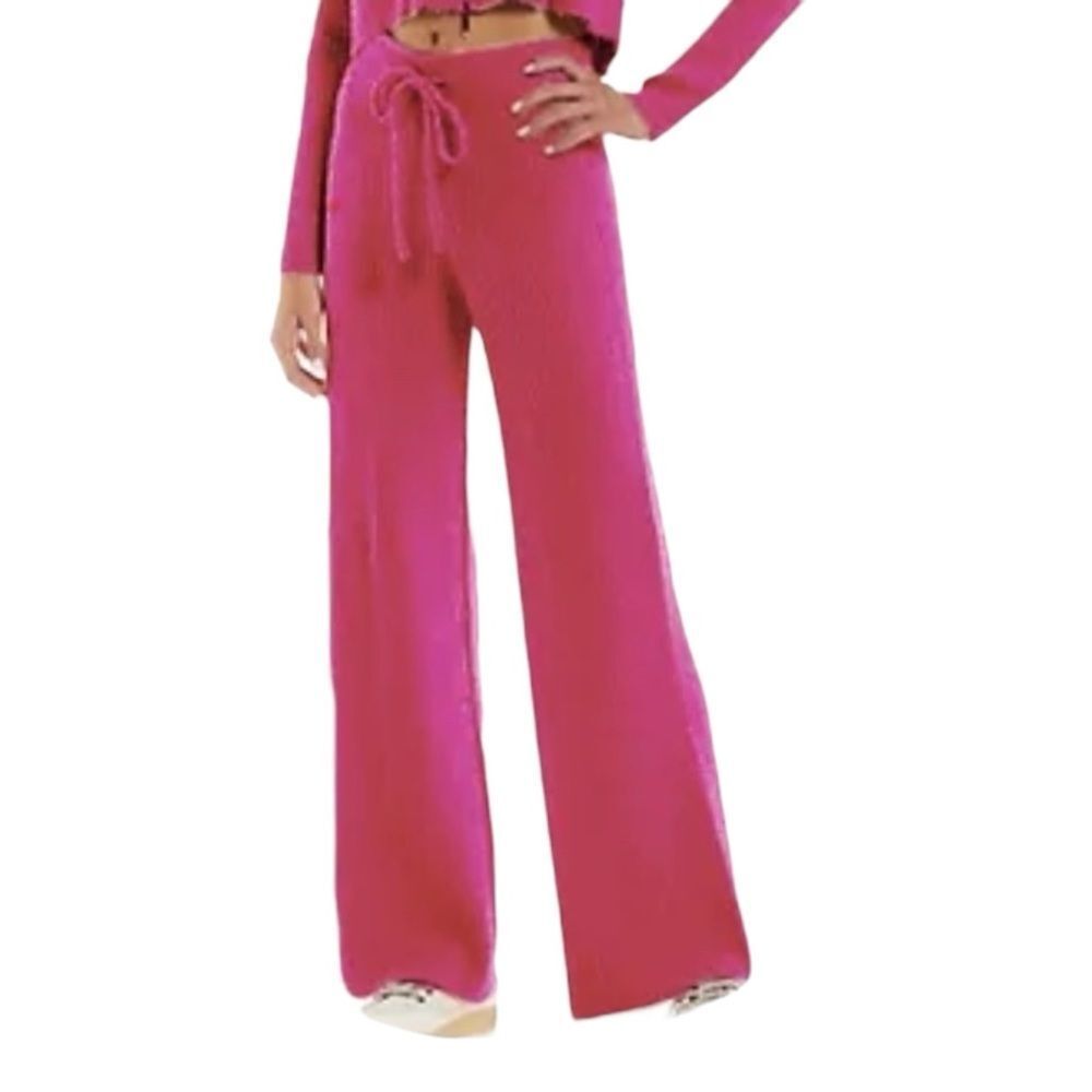Fornia Pink Peacock Ribbed Wide Leg Eyelash Lounge Pants with Drawstring Waist